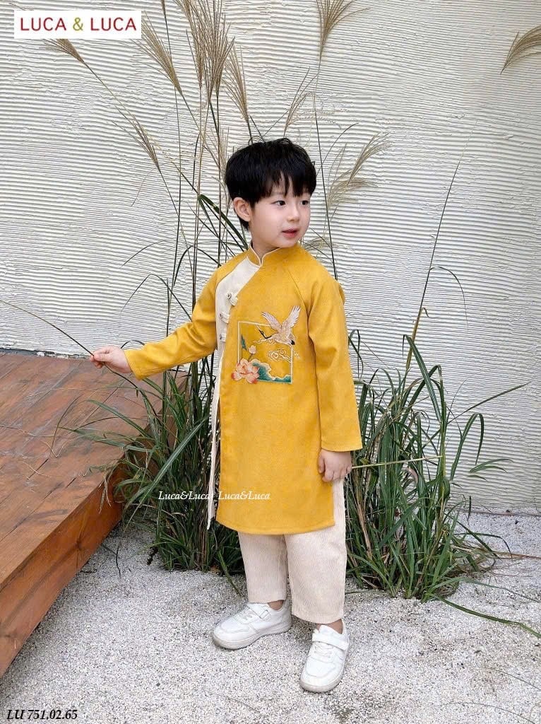 LU 751 - Set áo dài nhung tăm Luca bé trai hình sen hạc 2 màu đỏ / vàng size 2 - 12y