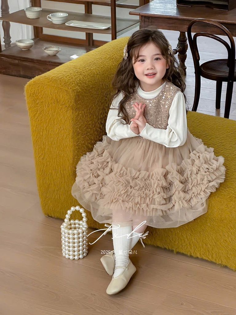 W25138 - Set 2ct áo len + váy kim sa màu nâu cho bé size 90-130