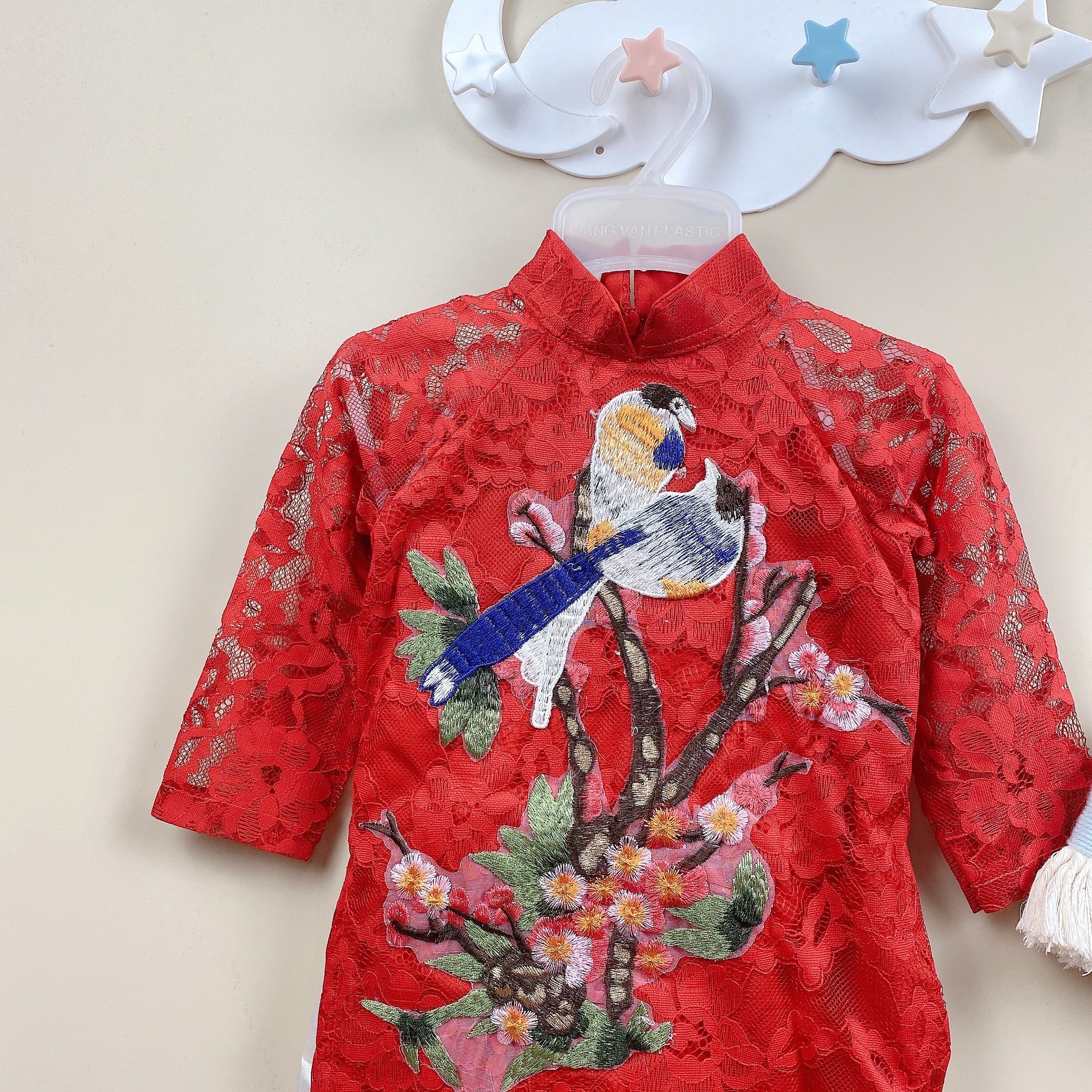 Áo dài ren đào song vũ kèm quần lụa 2 màu đỏ - hồng