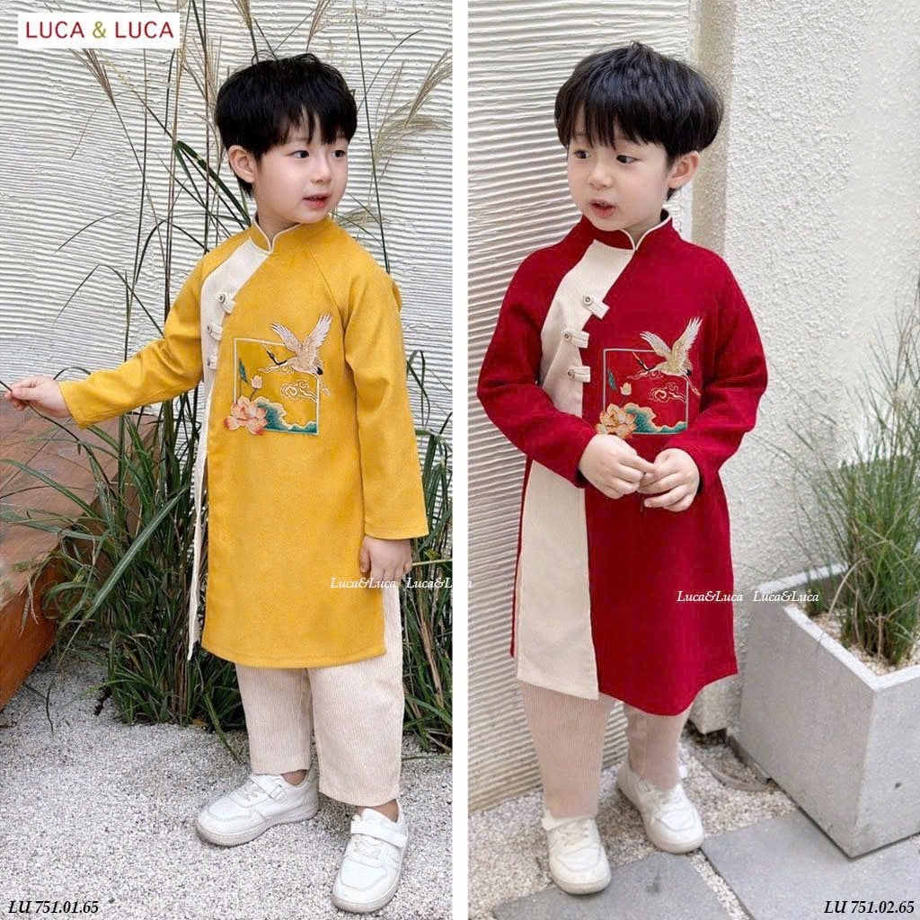 LU 751 - Set áo dài nhung tăm Luca bé trai hình sen hạc 2 màu đỏ / vàng size 2 - 12y