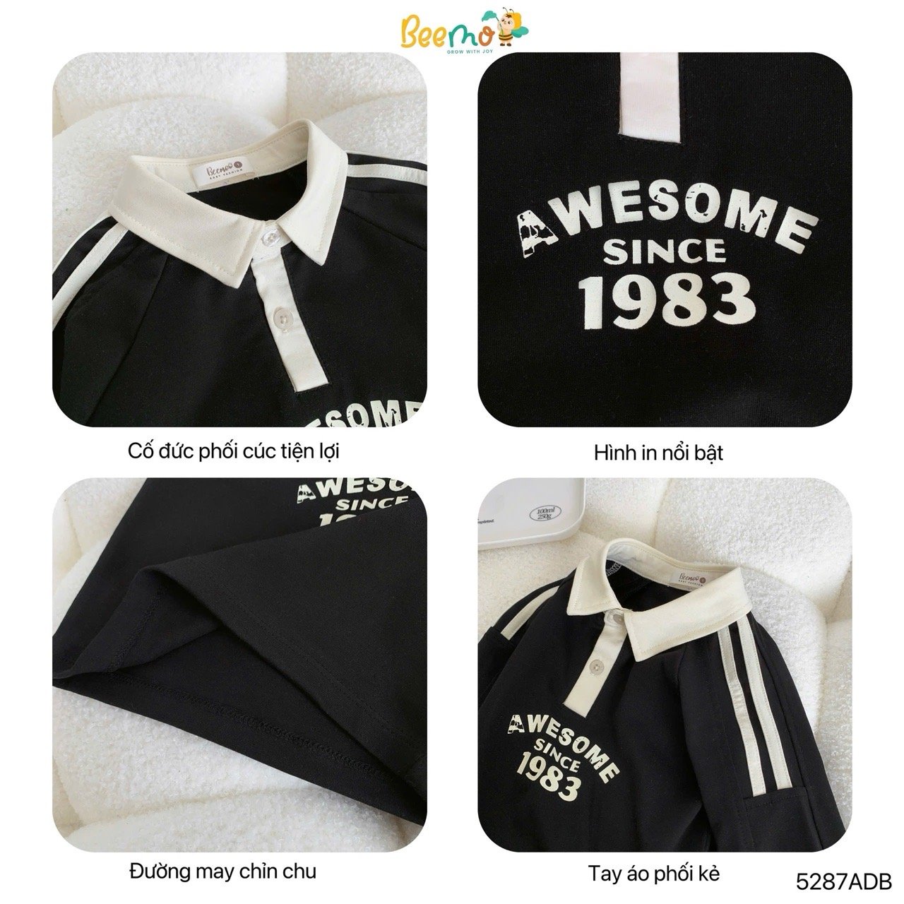 Áo polo cổ đức Beemo phối chữ Awesome 3 màu cho bé trai size 1-6y