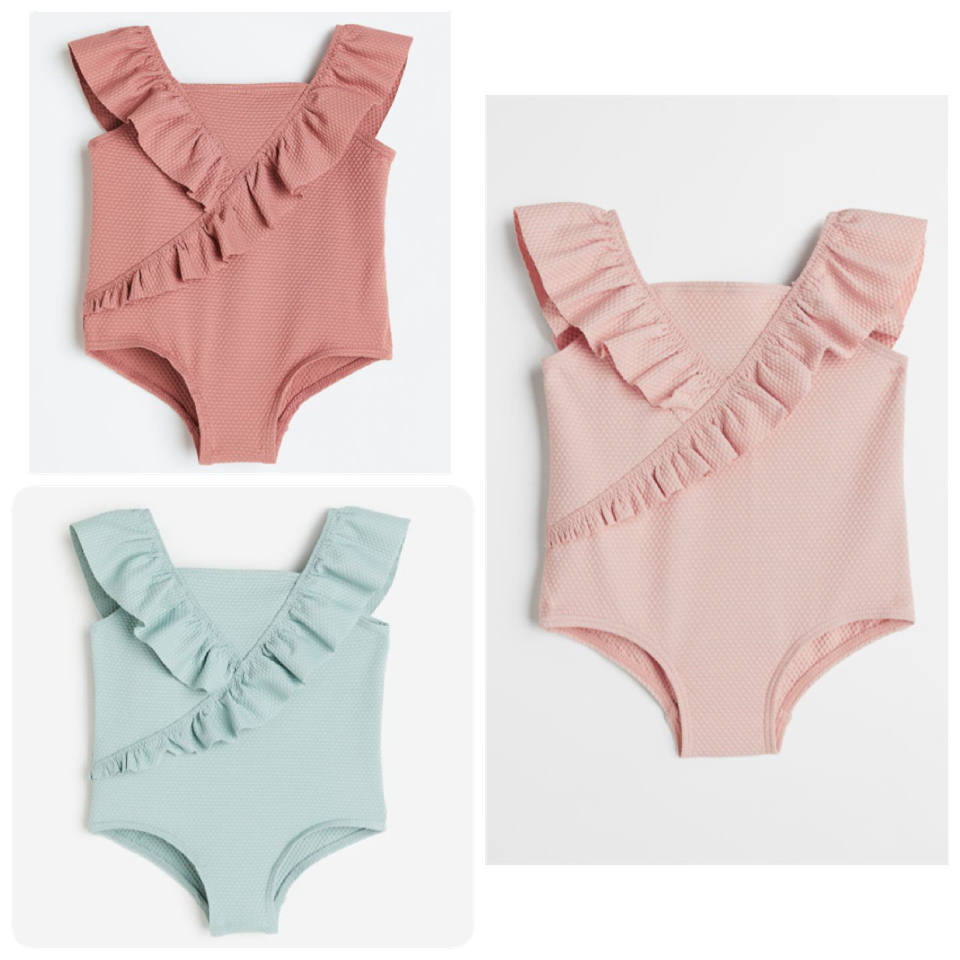 Bộ bơi liền HM tổ ong bèo vạt 3 màu hồng nhạt / mint / hồng đất size 6m - 4y