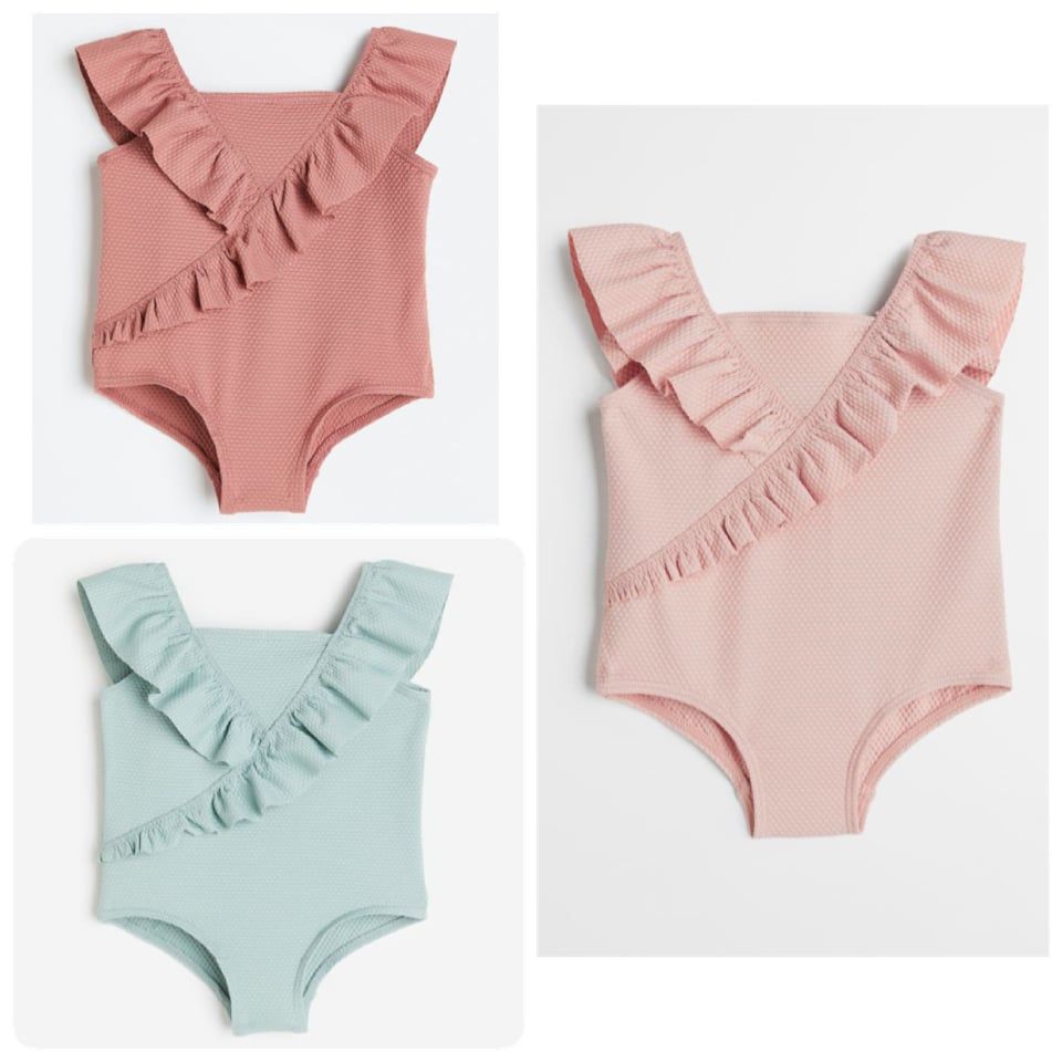 Bộ bơi liền HM tổ ong bèo vạt 3 màu hồng nhạt / mint / hồng đất size 6m - 4y