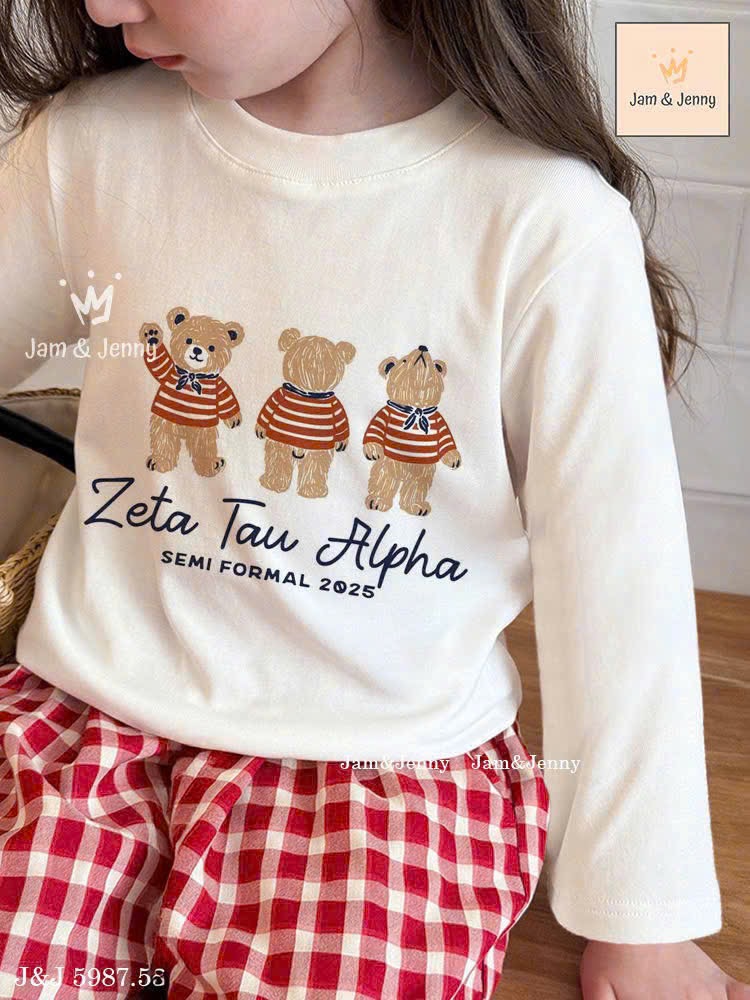 JJ 5987 - Bộ Jam & Jenny áo dài tay in gấu + quần kẻ caro đỏ bé gái size 6-12y