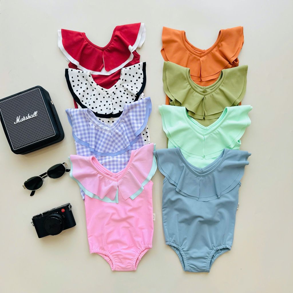 DB00033 - Bộ bơi harifa liền thân cổ V bèo nhiều màu cho bé gái size 1-6y