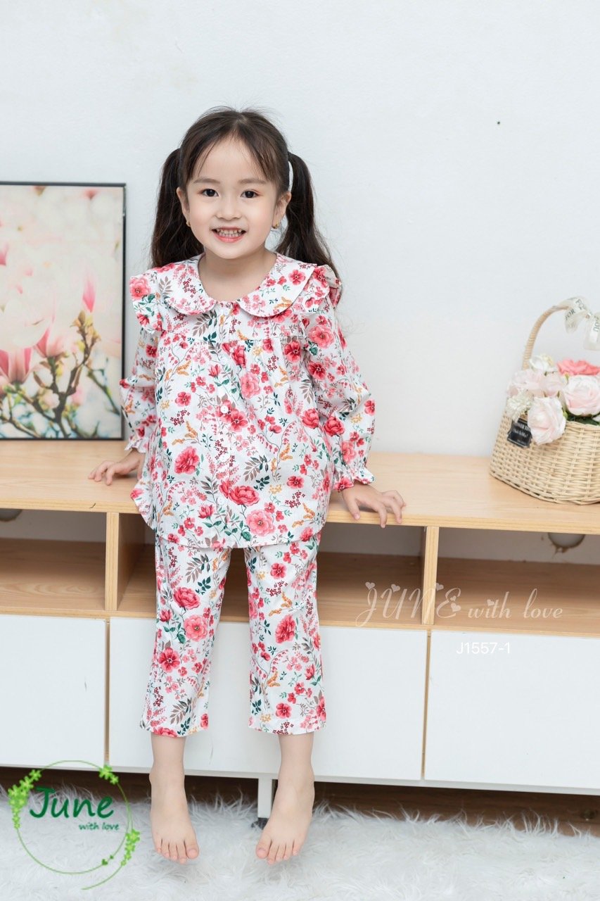 Bộ pyjama thô June with love cổ sen vai bèo 3 màu size 1-10y