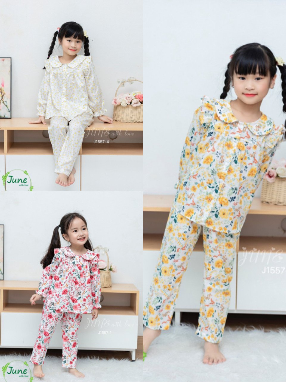 Bộ pyjama thô June with love cổ sen vai bèo 3 màu size 1-10y