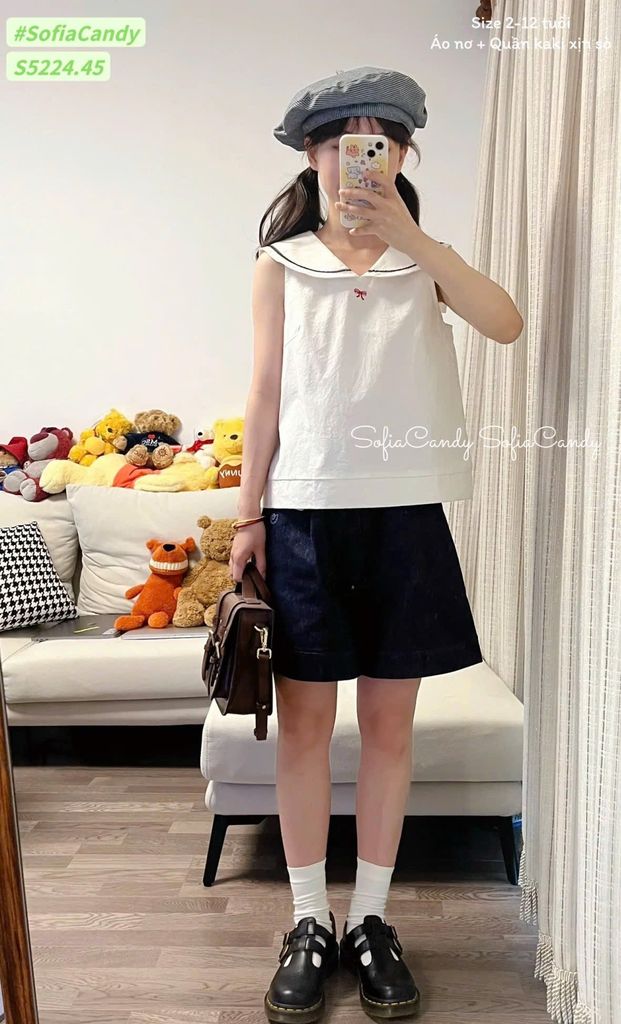 S5224 - Bộ Sofia Candy áo trắng thêu nơ + quần kaki bé gái size 2-12y