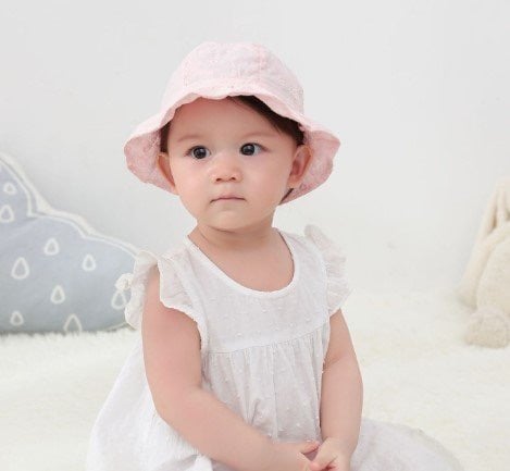 Mũ vải vành Miller vải thô thêu đính nơ hoa lá hồng/trắng