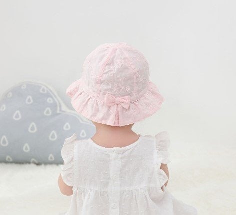 Mũ vải vành Miller vải thô thêu đính nơ hoa lá hồng/trắng