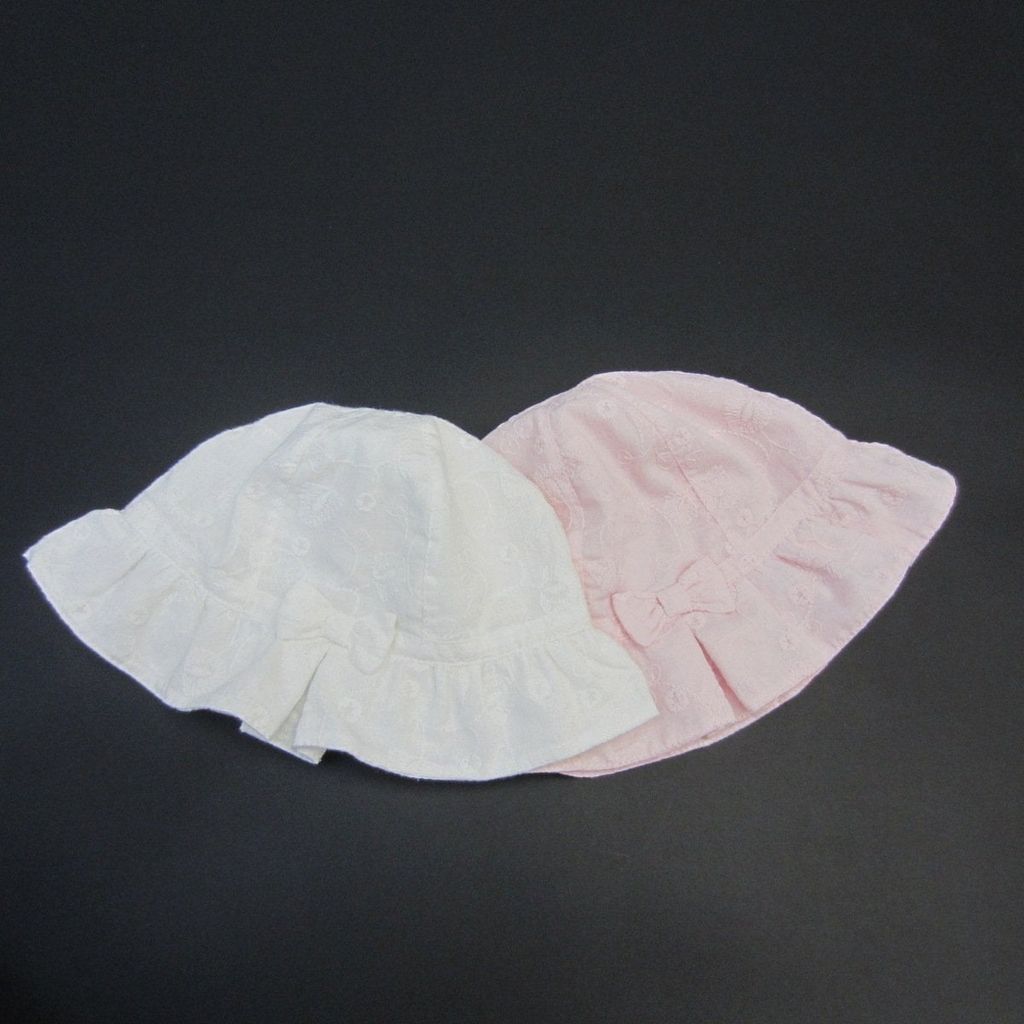 Mũ vải vành Miller vải thô thêu đính nơ hoa lá hồng/trắng