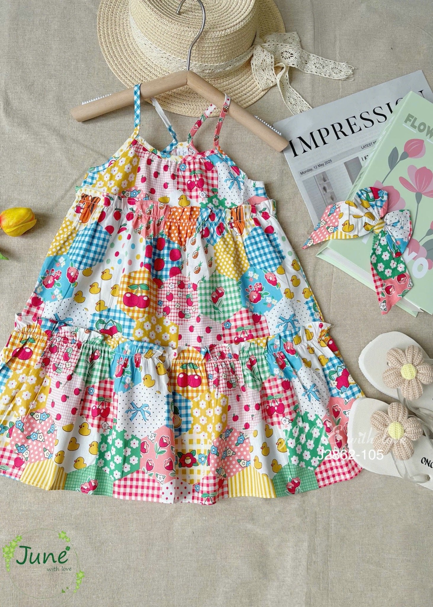 J2862 - Váy vải thô 2 dây June with Love nhiều họa tiết bé gái size 1-10y