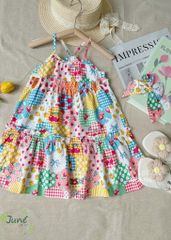 J2862 - Váy vải thô 2 dây June with Love nhiều họa tiết bé gái size 1-10y