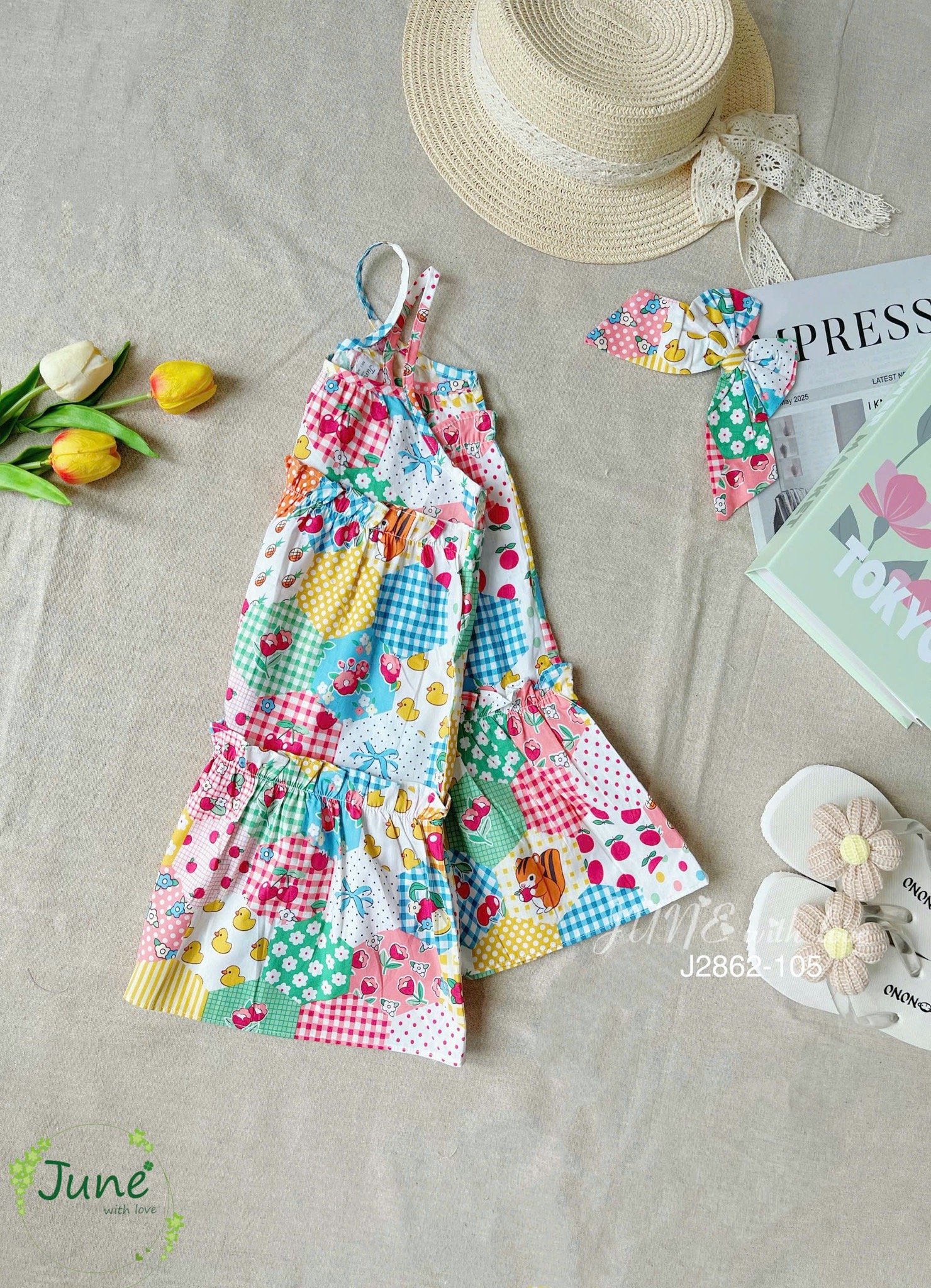 J2862 - Váy vải thô 2 dây June with Love nhiều họa tiết bé gái size 1-10y
