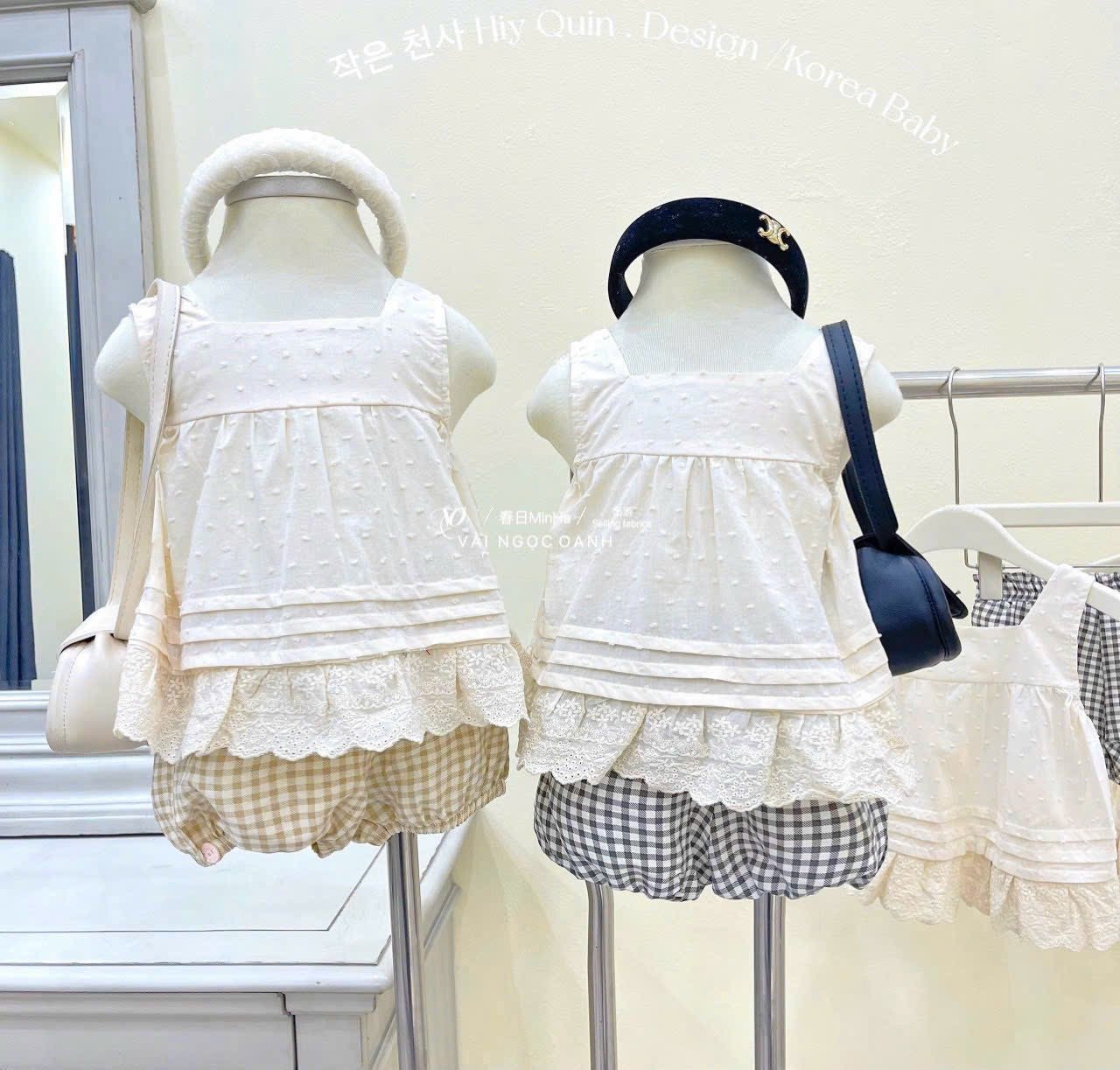 Bộ Hiyquin áo màu be phối chân ren + quần đùi bồng kẻ caro nhiều màu bé gái size 1-7y