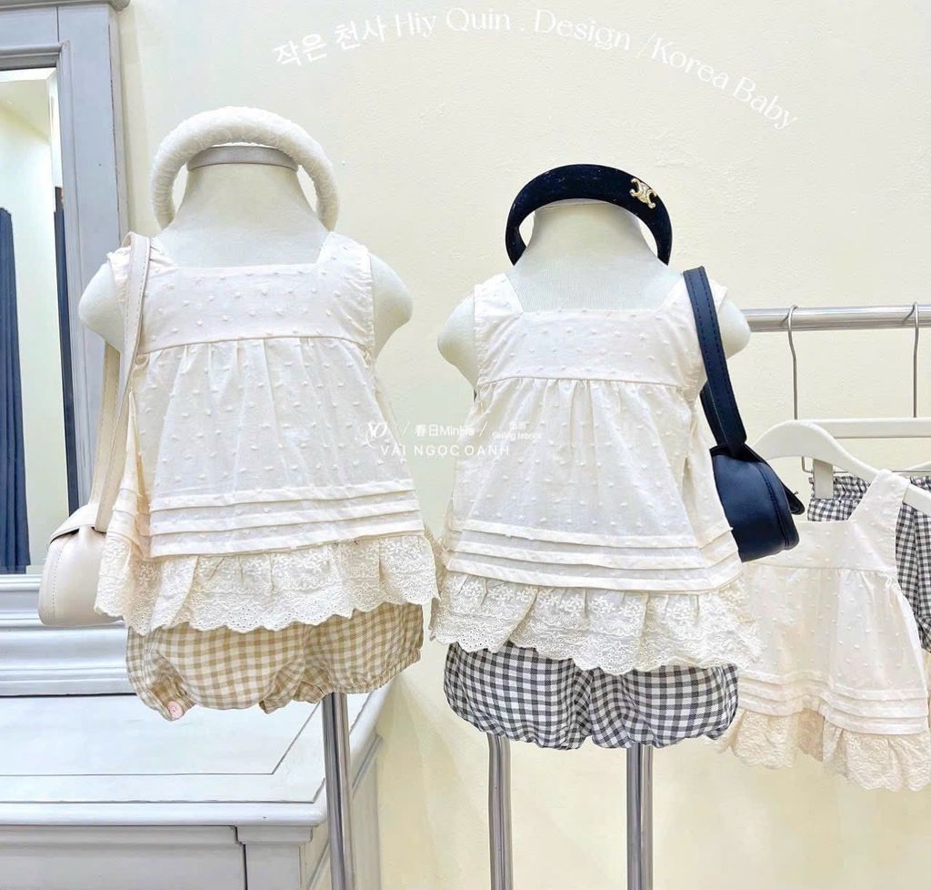 Bộ Hiyquin áo màu be phối chân ren + quần đùi bồng kẻ caro nhiều màu bé gái size 1-7y