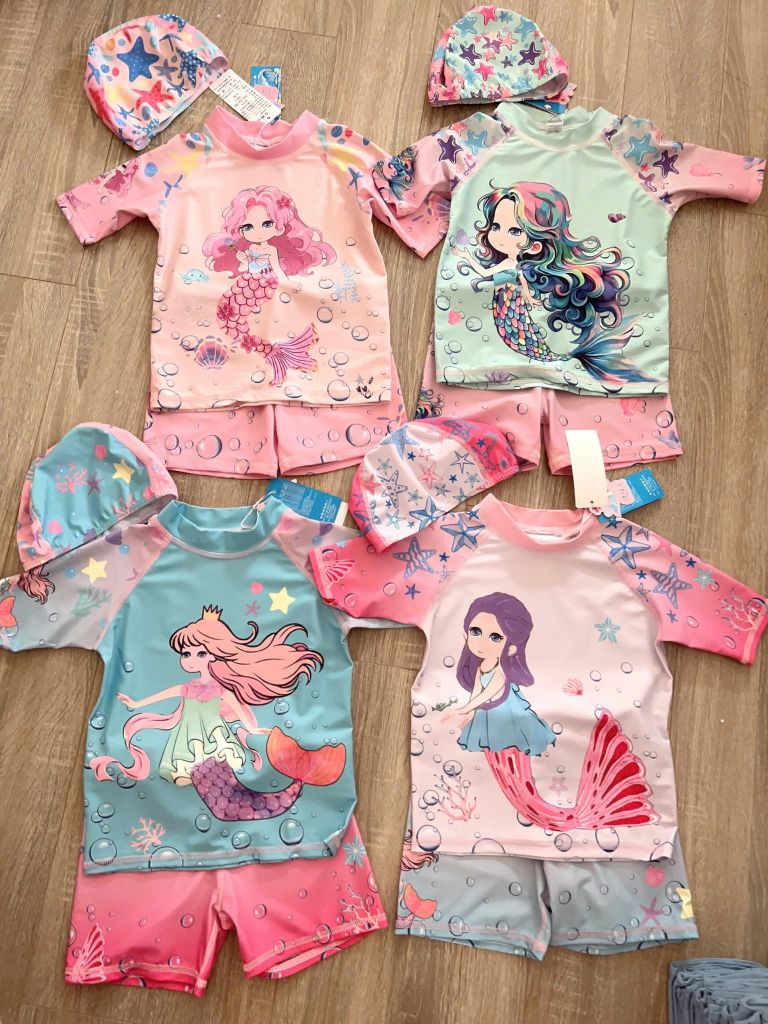Bộ bơi 3ct kèm mũ hoạ tiết tiên cá nhiều màu cho bé gái size 90-140