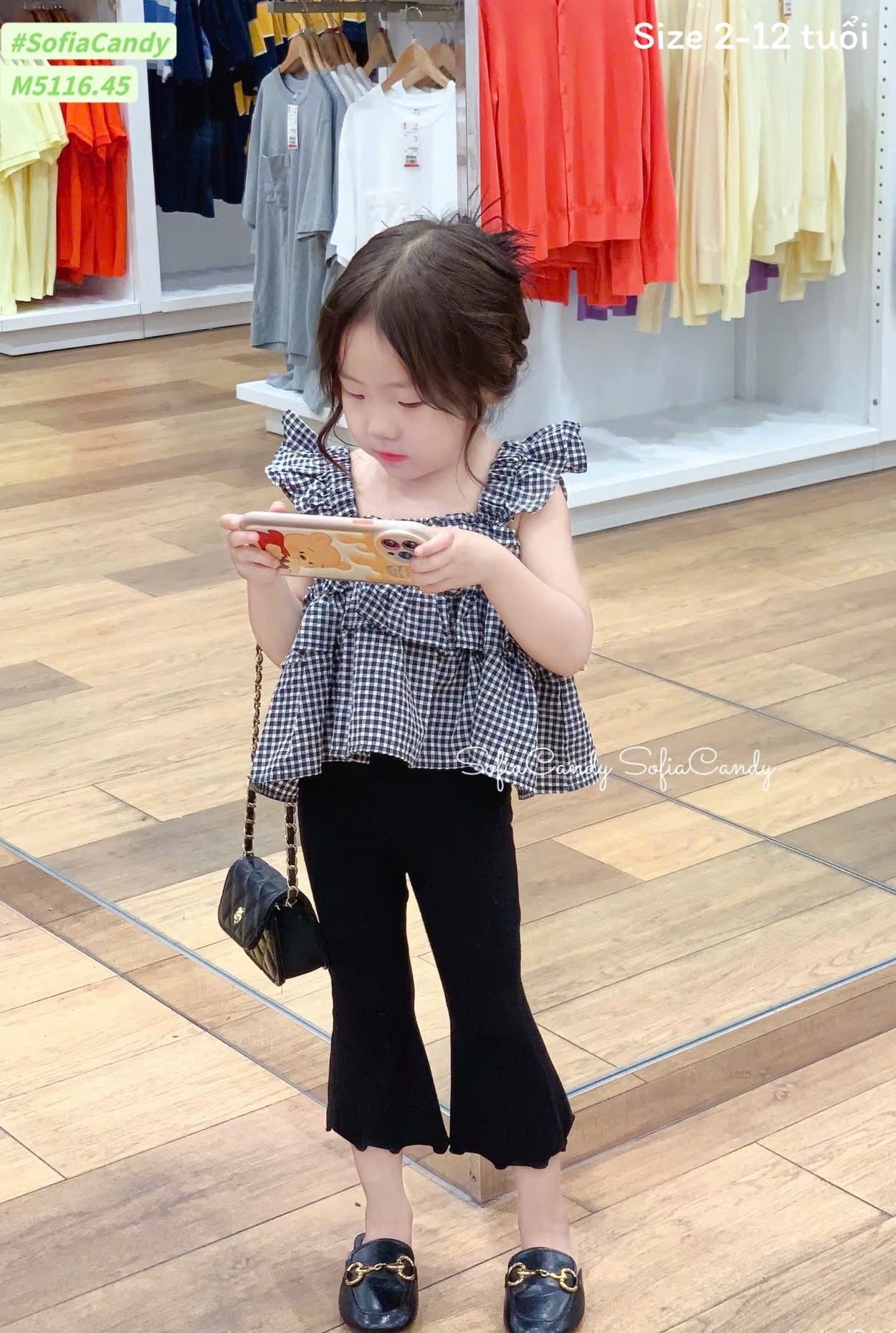 M5116 - Set bộ Mia Kids áo kẻ phối quần tăm ống loe bé gái size 2-12y