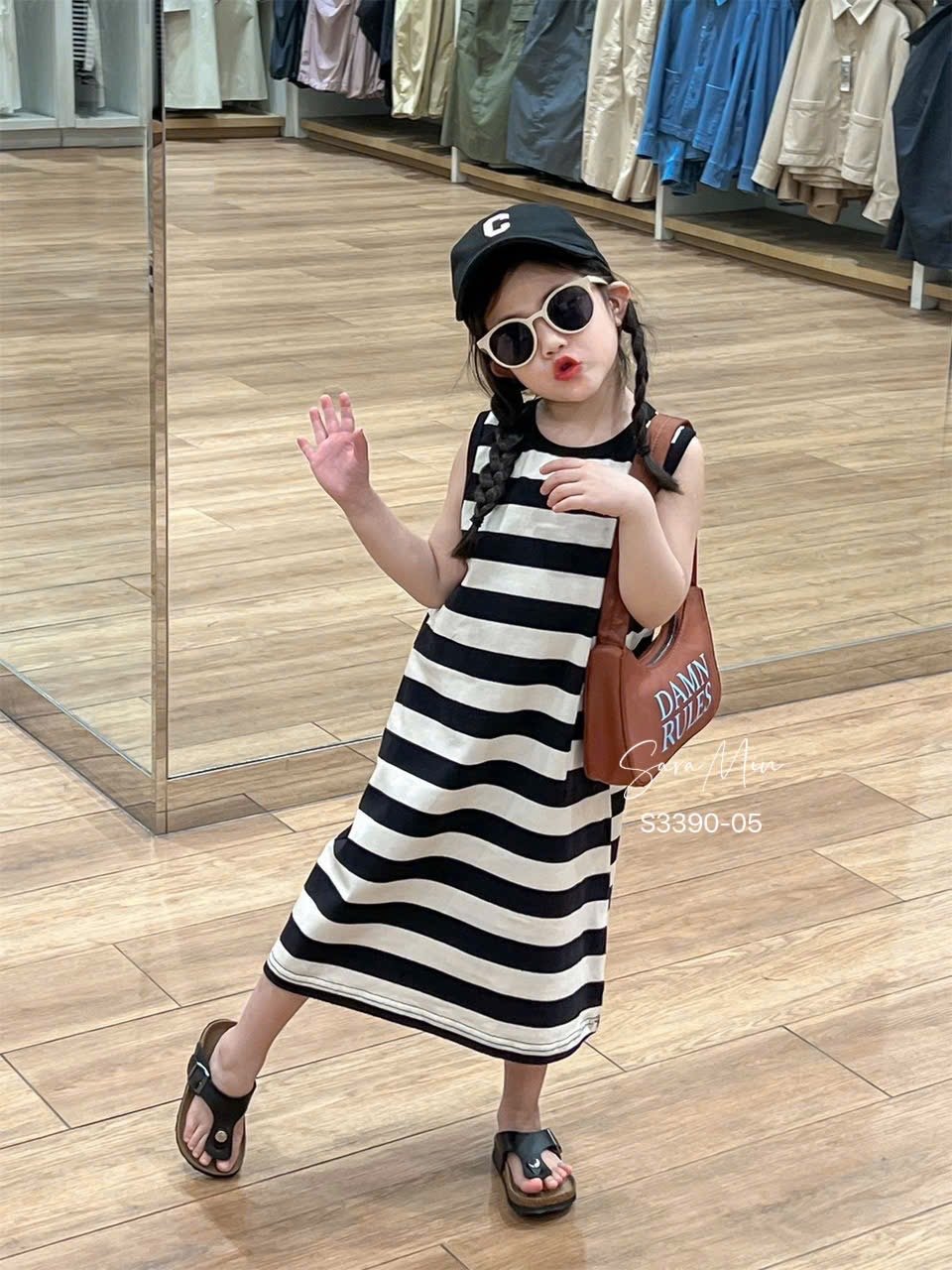 S3390 - Váy thun Sara Min kẻ ngang trắng đen bé gái size 2-12y