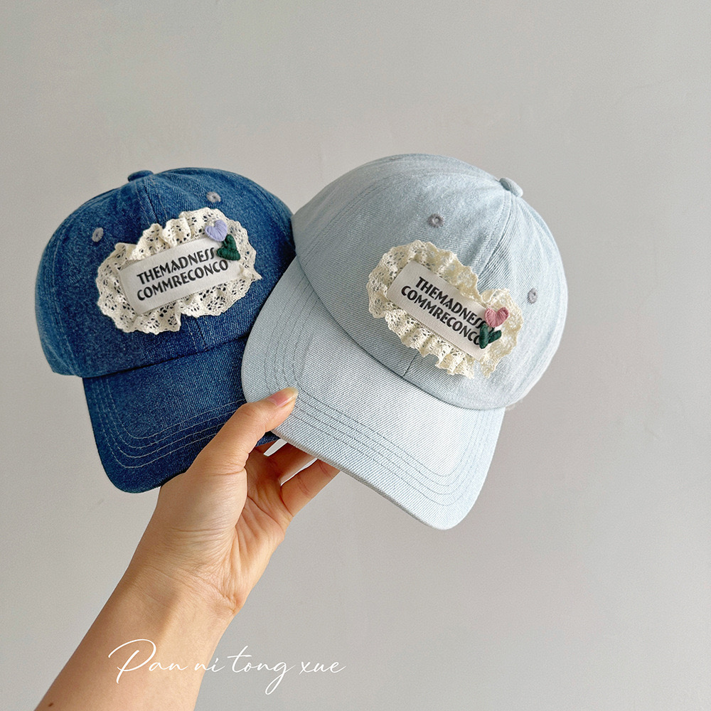 Mũ jean lưỡi trai đính hoa ren nhiều màu cho Mẹ và bé gái size 14y+