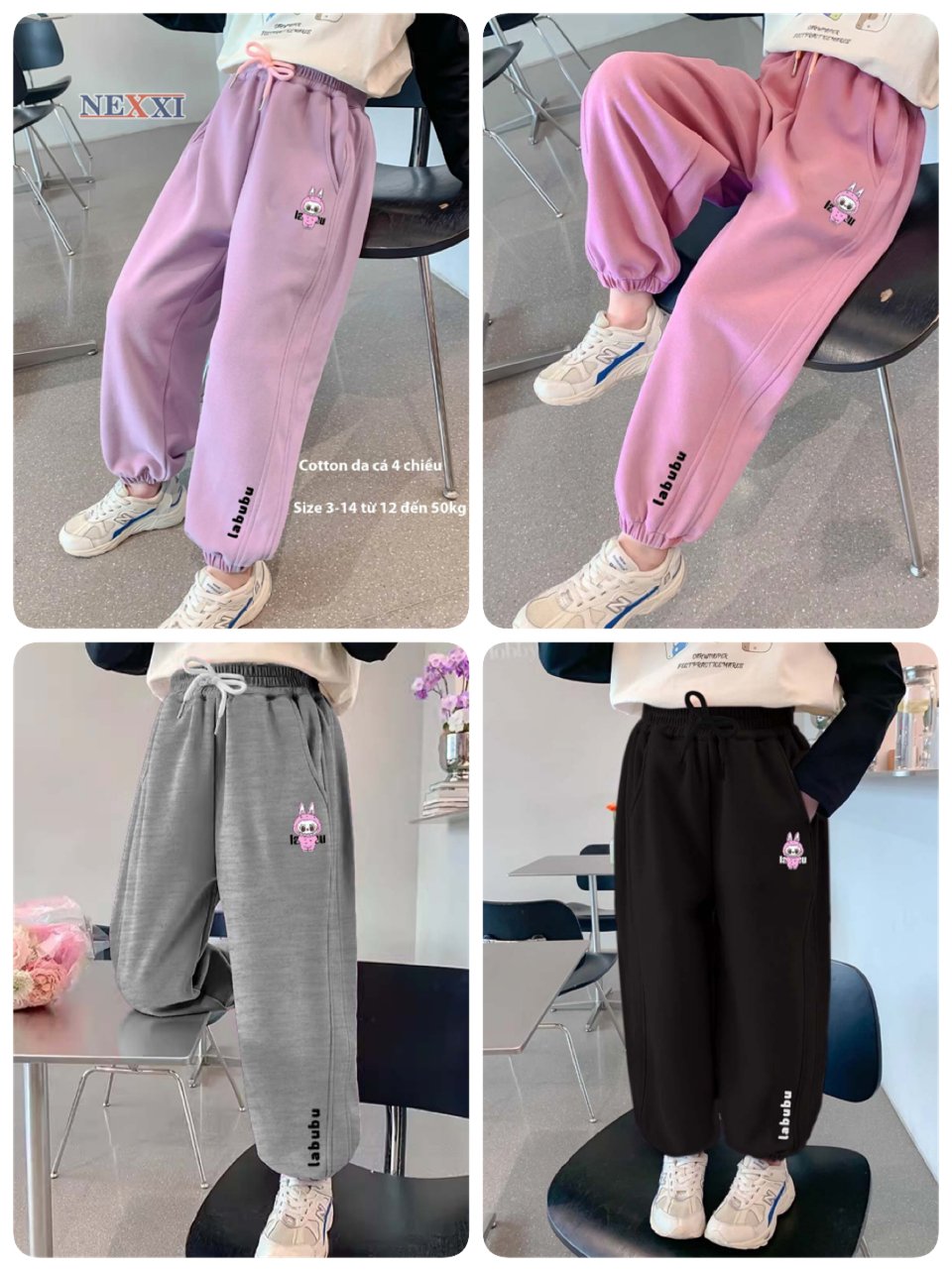 Quần nỉ da cá nexxi Labubu 4 màu cho bé gái size 3-14y