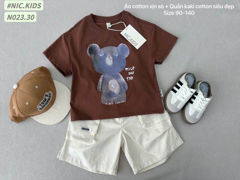 N023 - Bộ cotton Nickids màu nâu in hình gấu + quần kaki bé trai size 90-140