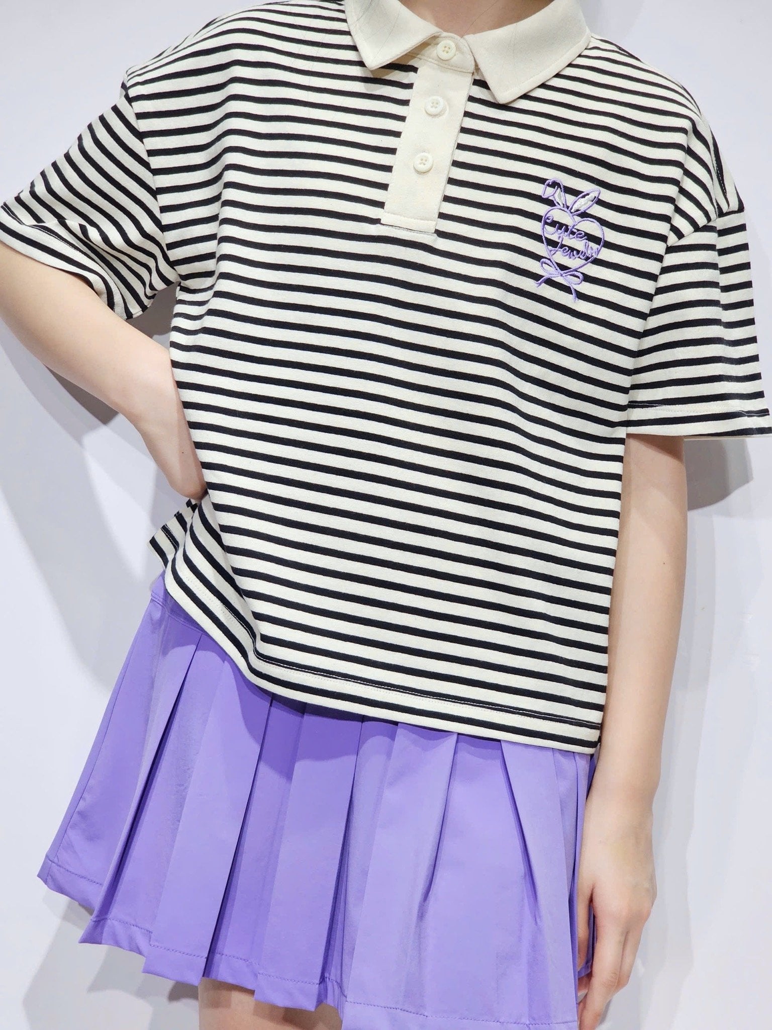 Set Bee Mon áo polo kẻ trắng đen + chân váy vải golf màu tím bé gái size 120-160