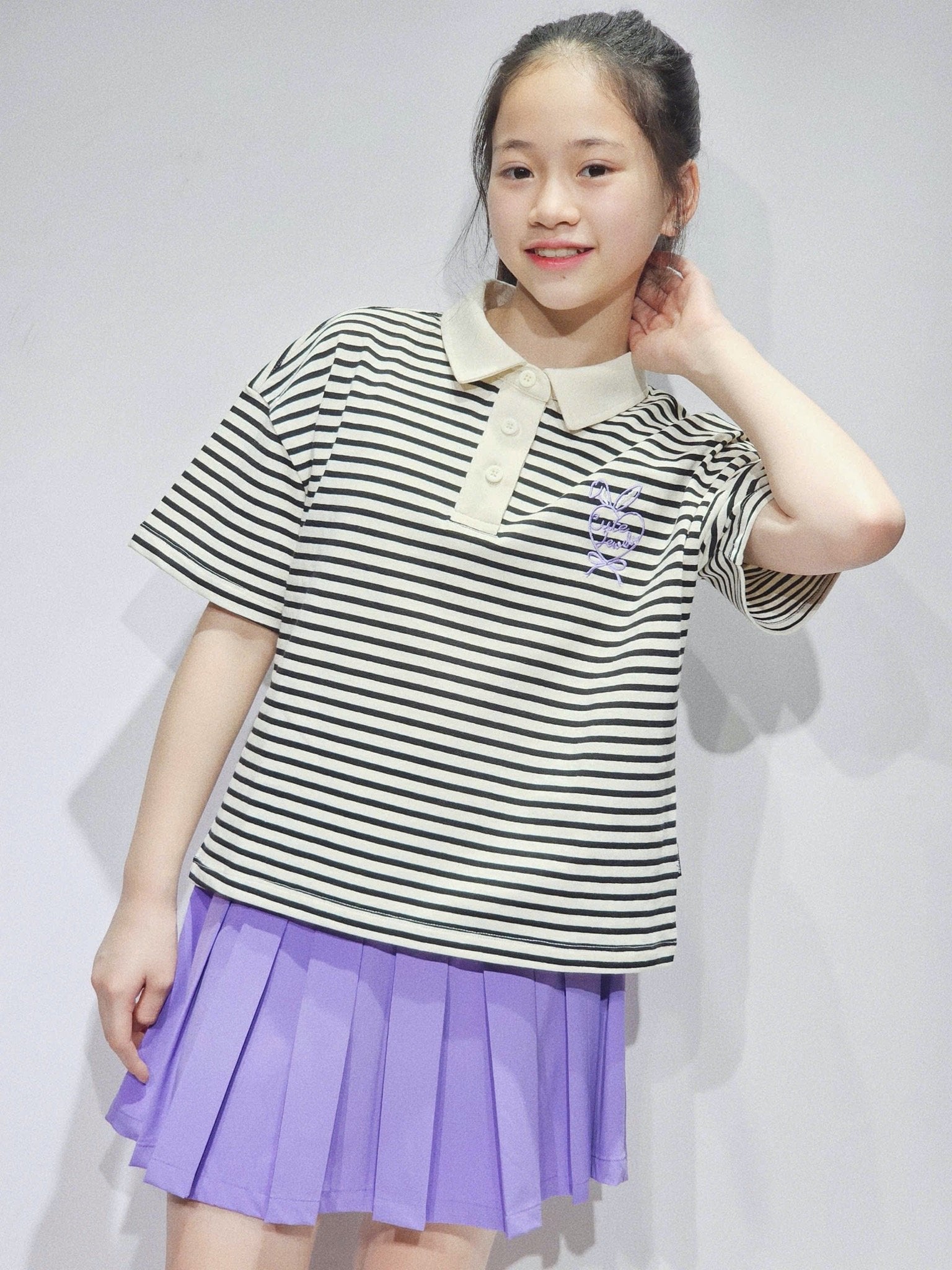 Set Bee Mon áo polo kẻ trắng đen + chân váy vải golf màu tím bé gái size 120-160