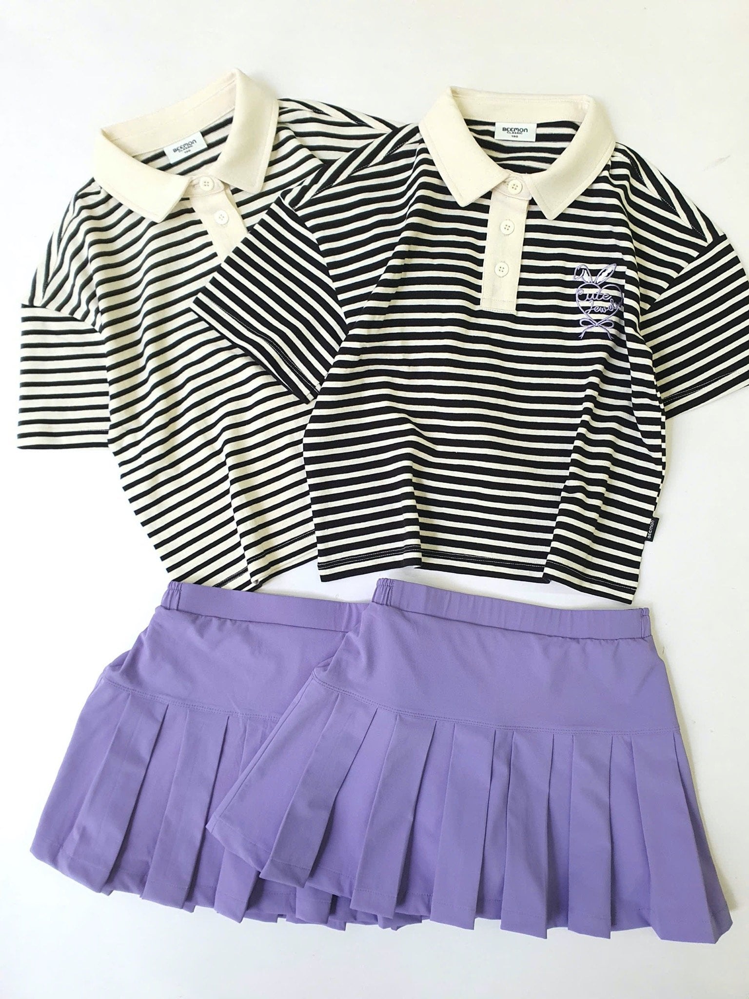Set Bee Mon áo polo kẻ trắng đen + chân váy vải golf màu tím bé gái size 120-160