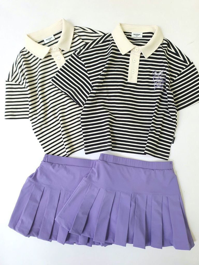 Set Bee Mon áo polo kẻ trắng đen + chân váy vải golf màu tím bé gái size 120-160