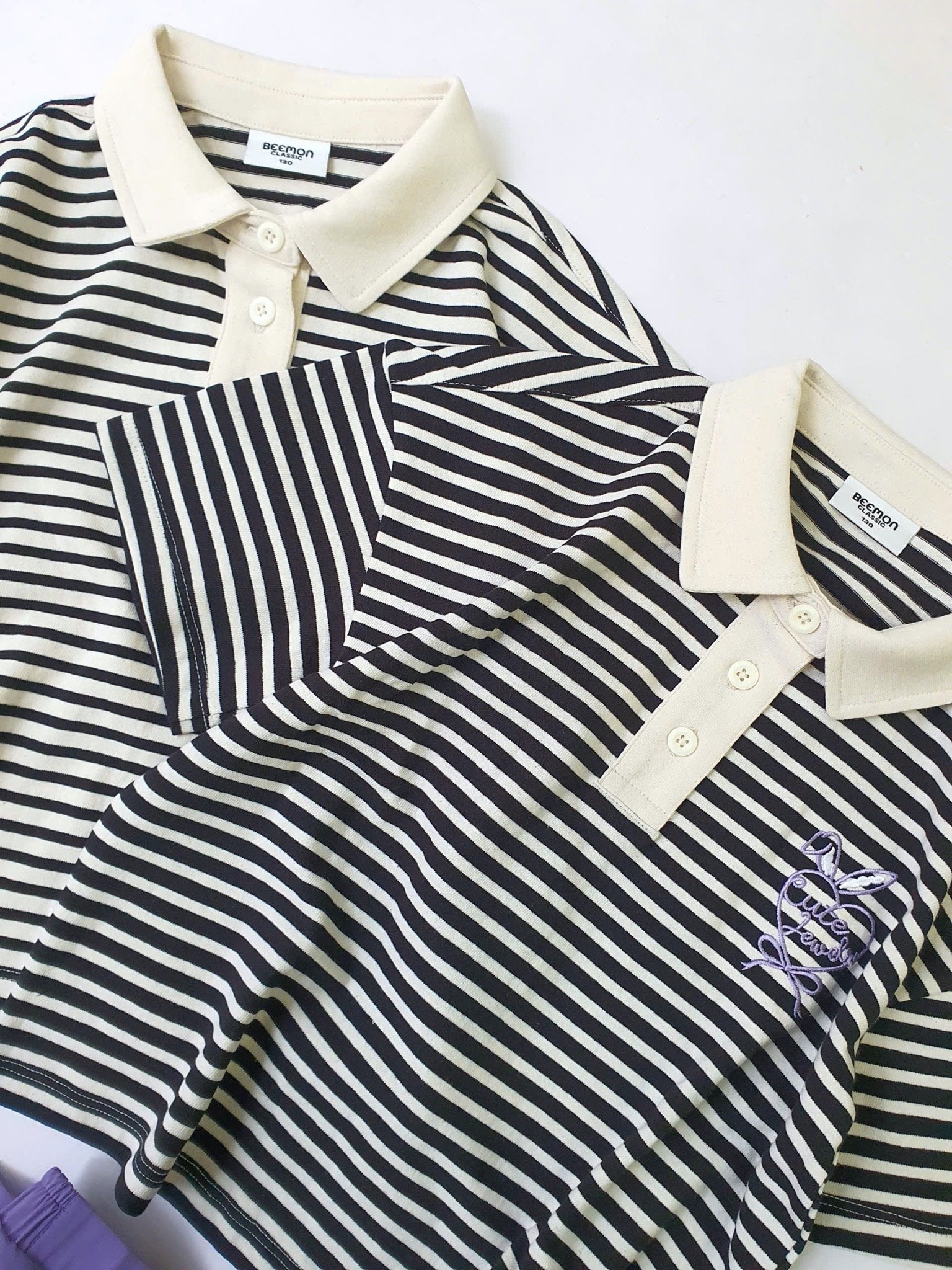 Set Bee Mon áo polo kẻ trắng đen + chân váy vải golf màu tím bé gái size 120-160