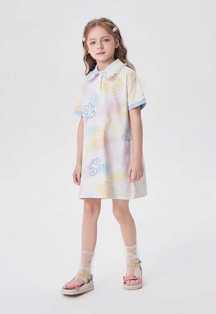 V00041 Váy cổ sen bèo màu trắng hoạ tiết bướm sắc màu size 110-160