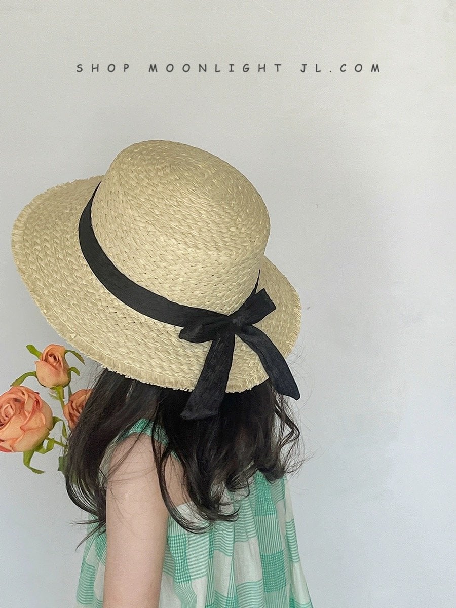 Mũ cói đính nơ đen 2 màu BG size 2-8y