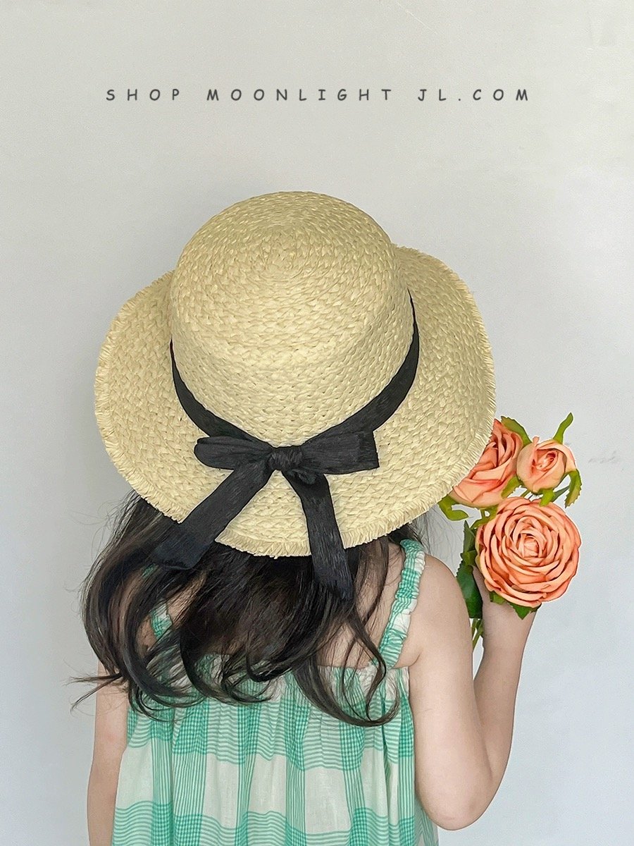 Mũ cói đính nơ đen 2 màu BG size 2-8y
