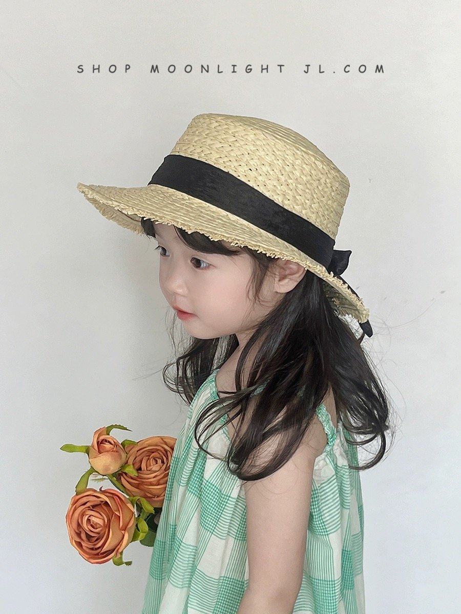 Mũ cói đính nơ đen 2 màu BG size 2-8y