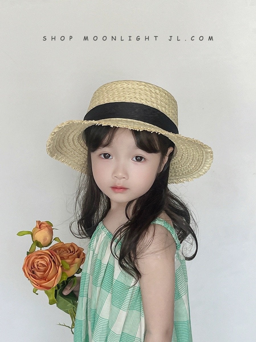 Mũ cói đính nơ đen 2 màu BG size 2-8y