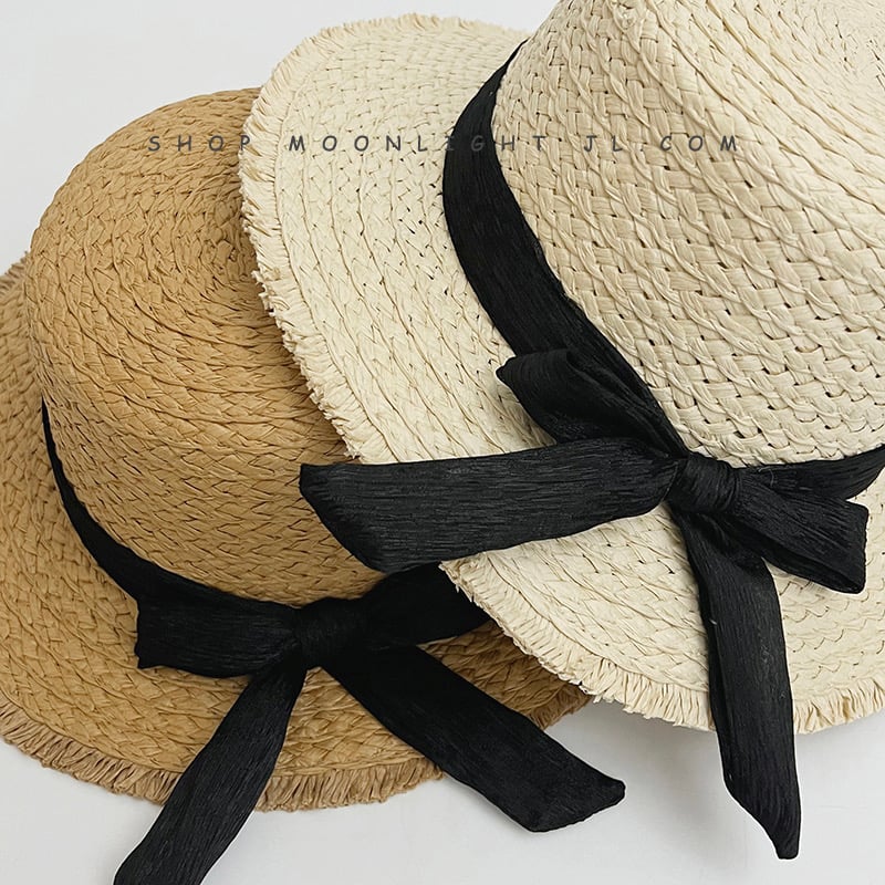 Mũ cói đính nơ đen 2 màu BG size 2-8y