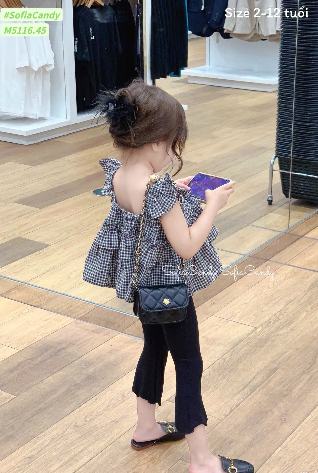 M5116 - Set bộ Mia Kids áo kẻ phối quần tăm ống loe bé gái size 2-12y
