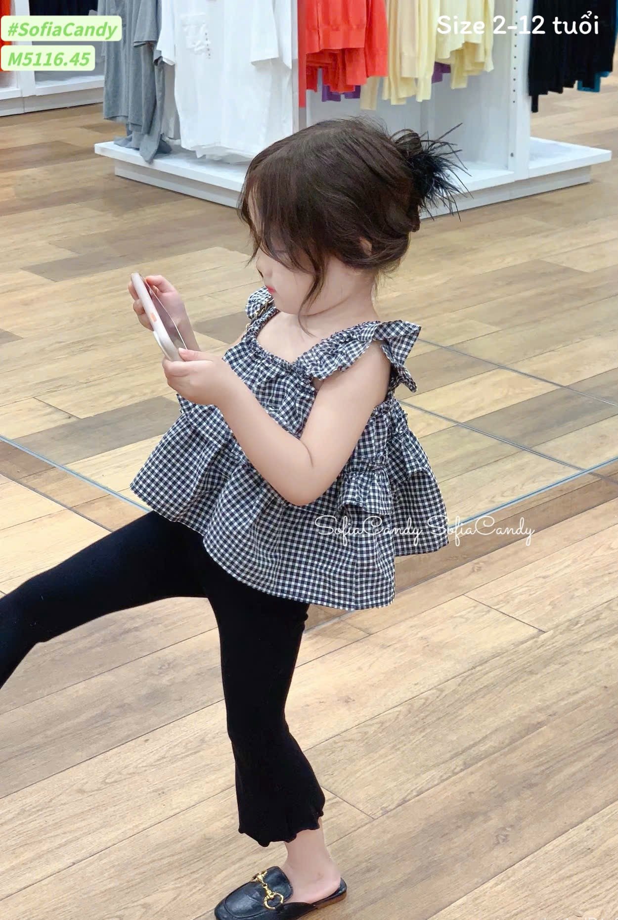 M5116 - Set bộ Mia Kids áo kẻ phối quần tăm ống loe bé gái size 2-12y