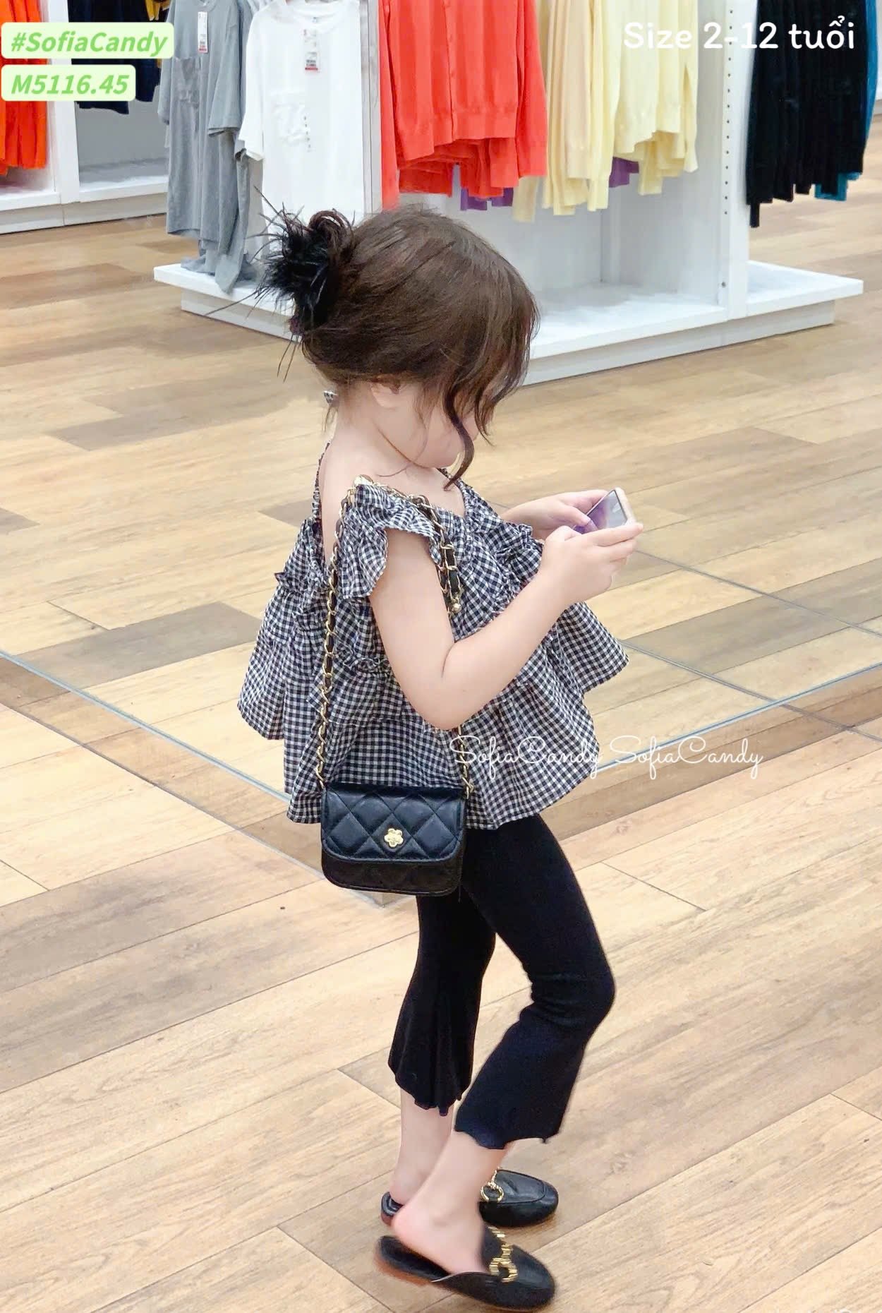 M5116 - Set bộ Mia Kids áo kẻ phối quần tăm ống loe bé gái size 2-12y