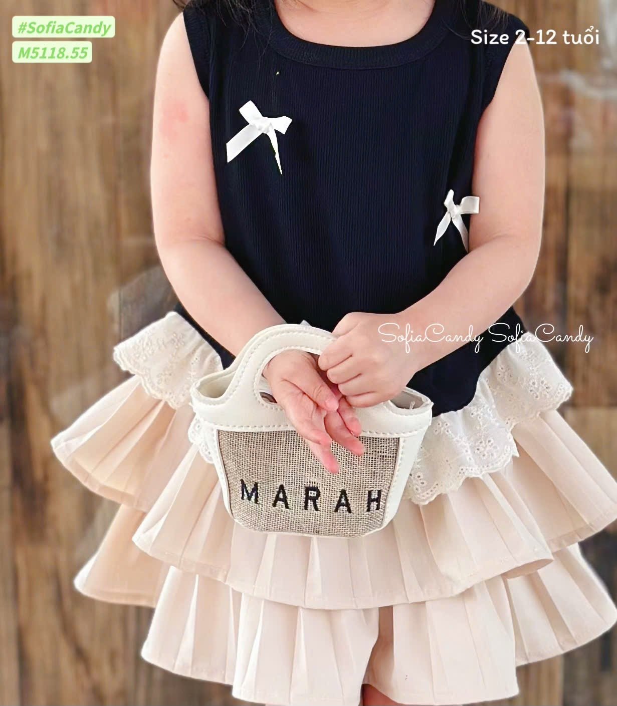 M5118 - Set bộ Mia Kids áo nơ đen phối chân váy tầng màu be size 2-12y