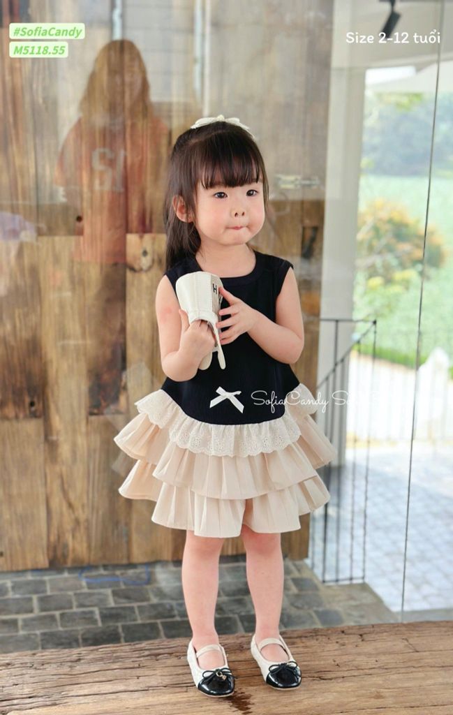 M5118 - Set bộ Mia Kids áo nơ đen phối chân váy tầng màu be size 2-12y