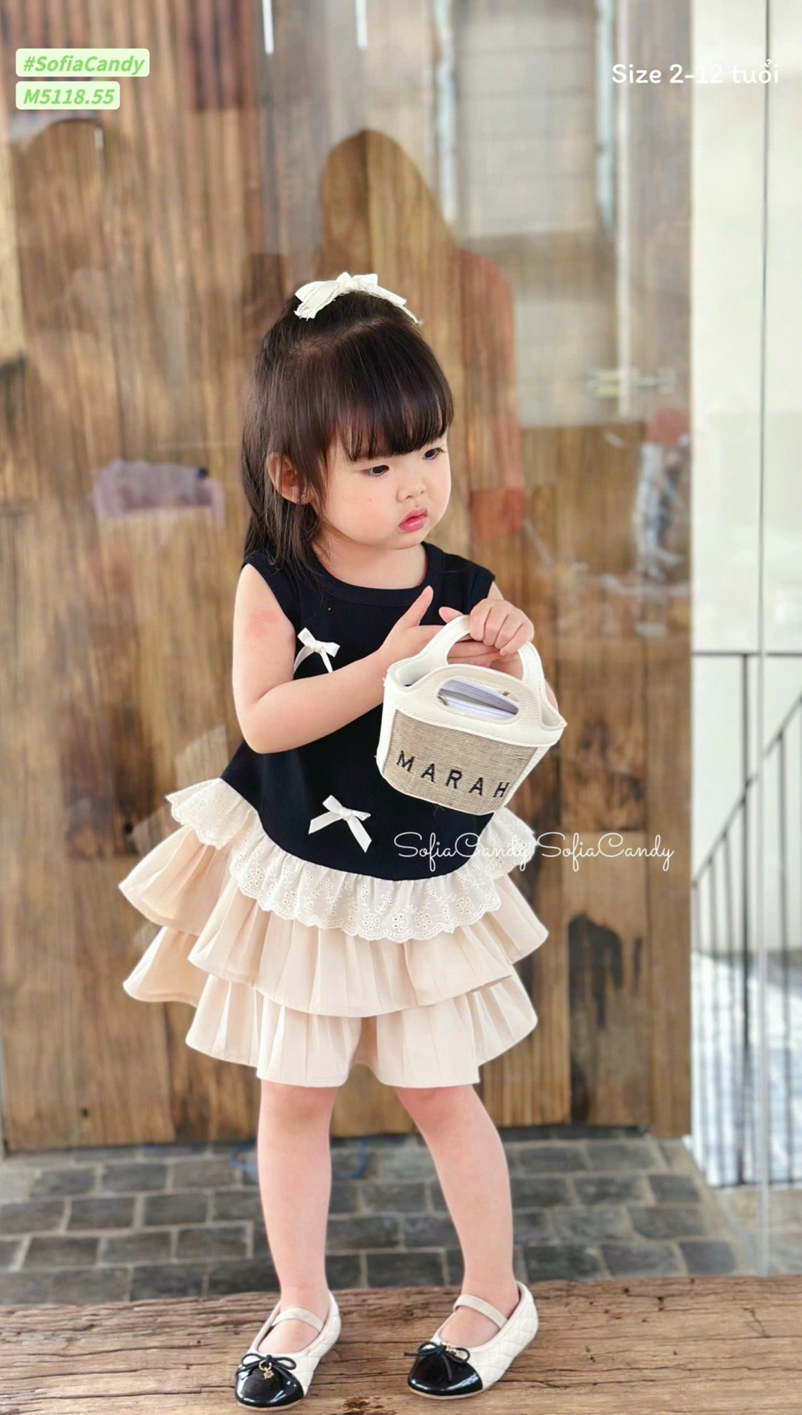 M5118 - Set bộ Mia Kids áo nơ đen phối chân váy tầng màu be size 2-12y
