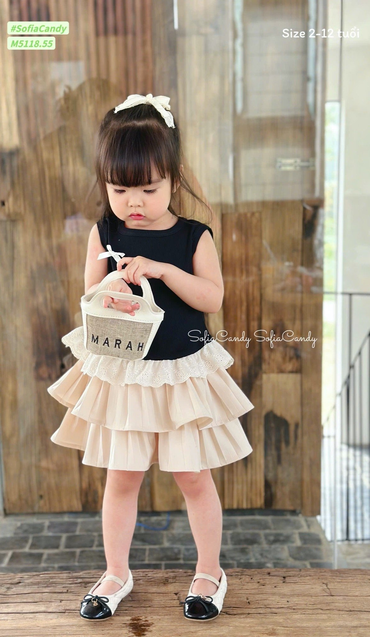 M5118 - Set bộ Mia Kids áo nơ đen phối chân váy tầng màu be size 2-12y