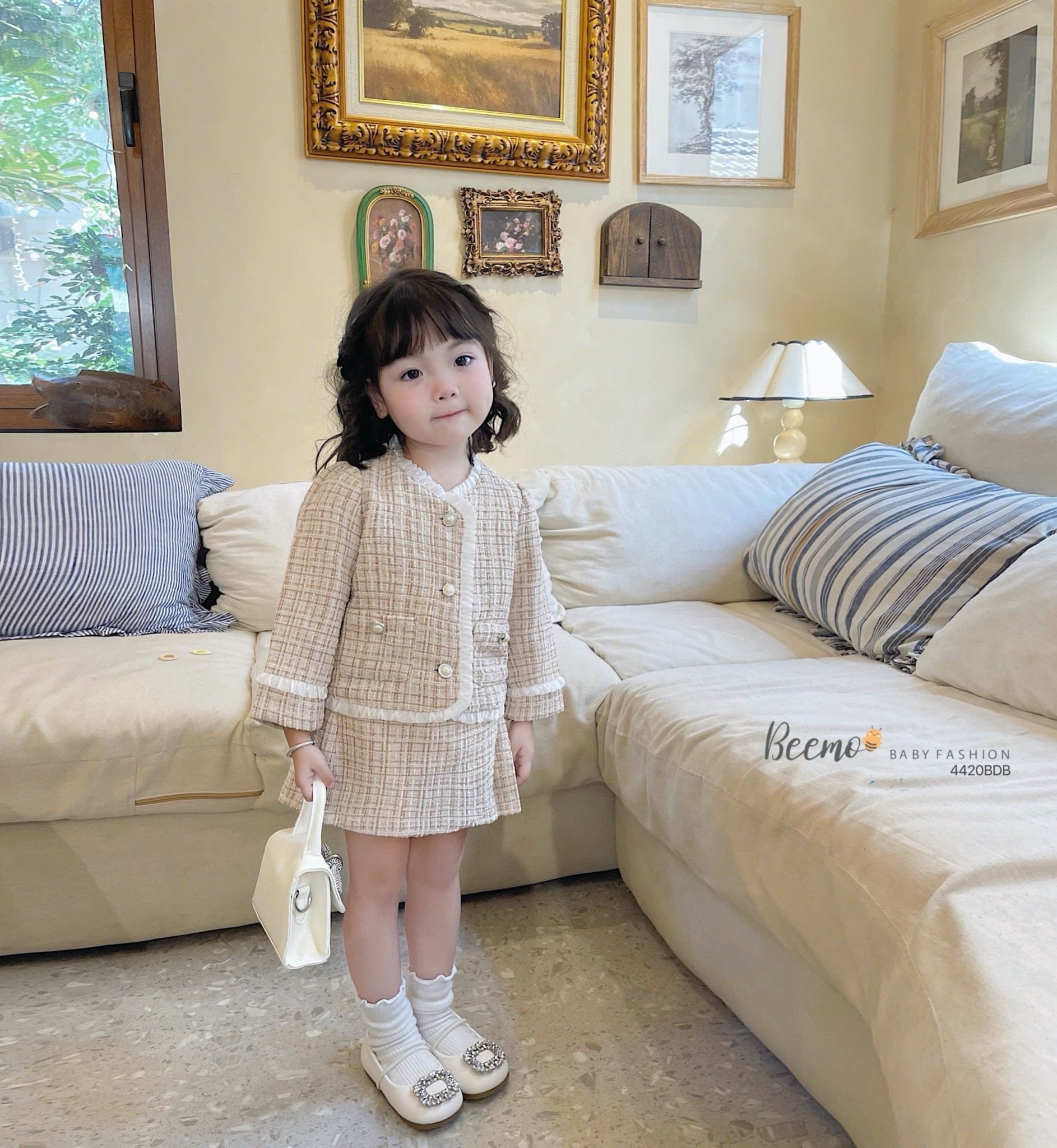 Set dạ Tweed Beemo viền bèo 2 màu bé gái size 80-130