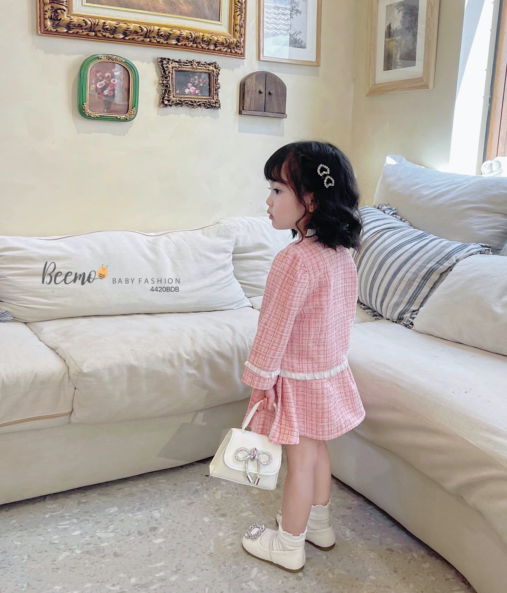 Set dạ Tweed Beemo viền bèo 2 màu bé gái size 80-130