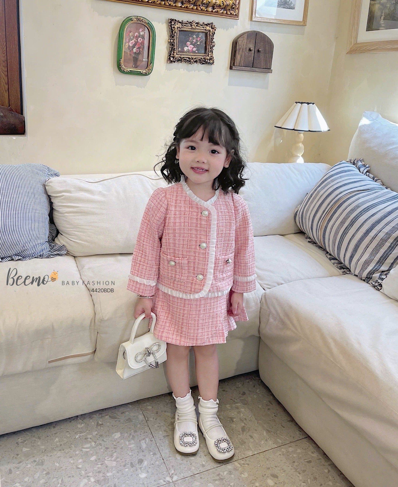 Set dạ Tweed Beemo viền bèo 2 màu bé gái size 80-130