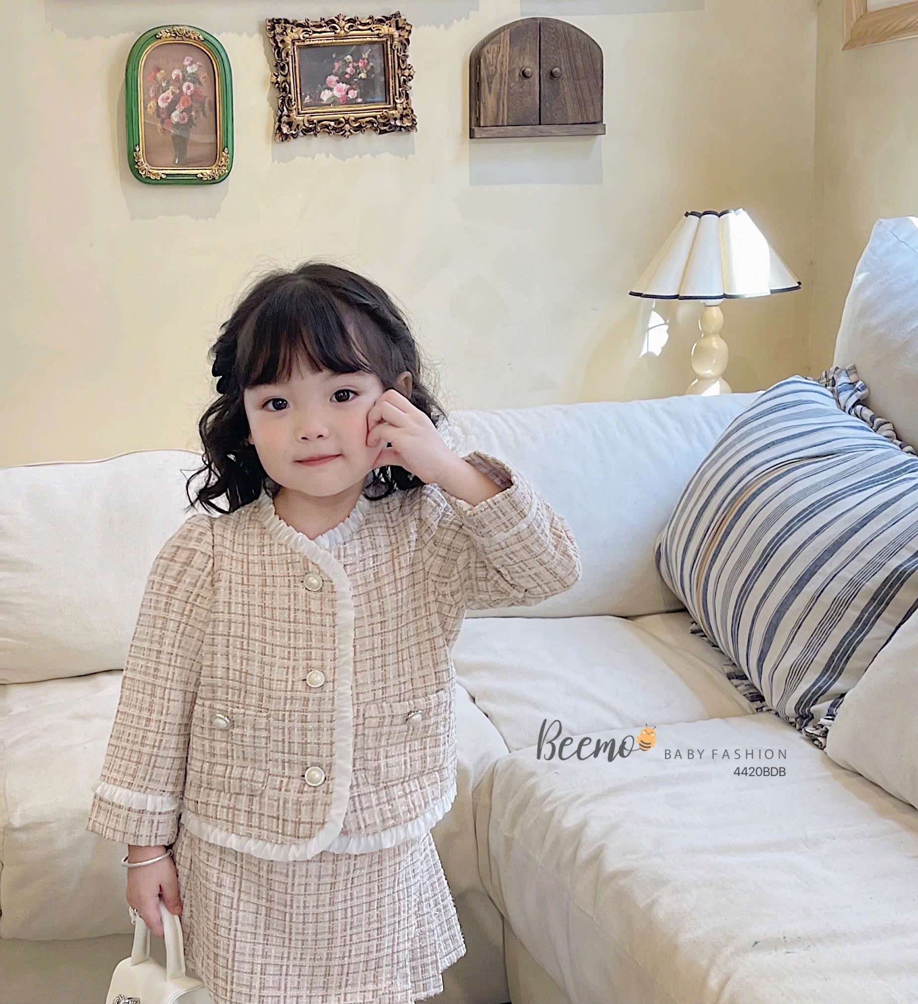 Set dạ Tweed Beemo viền bèo 2 màu bé gái size 80-130