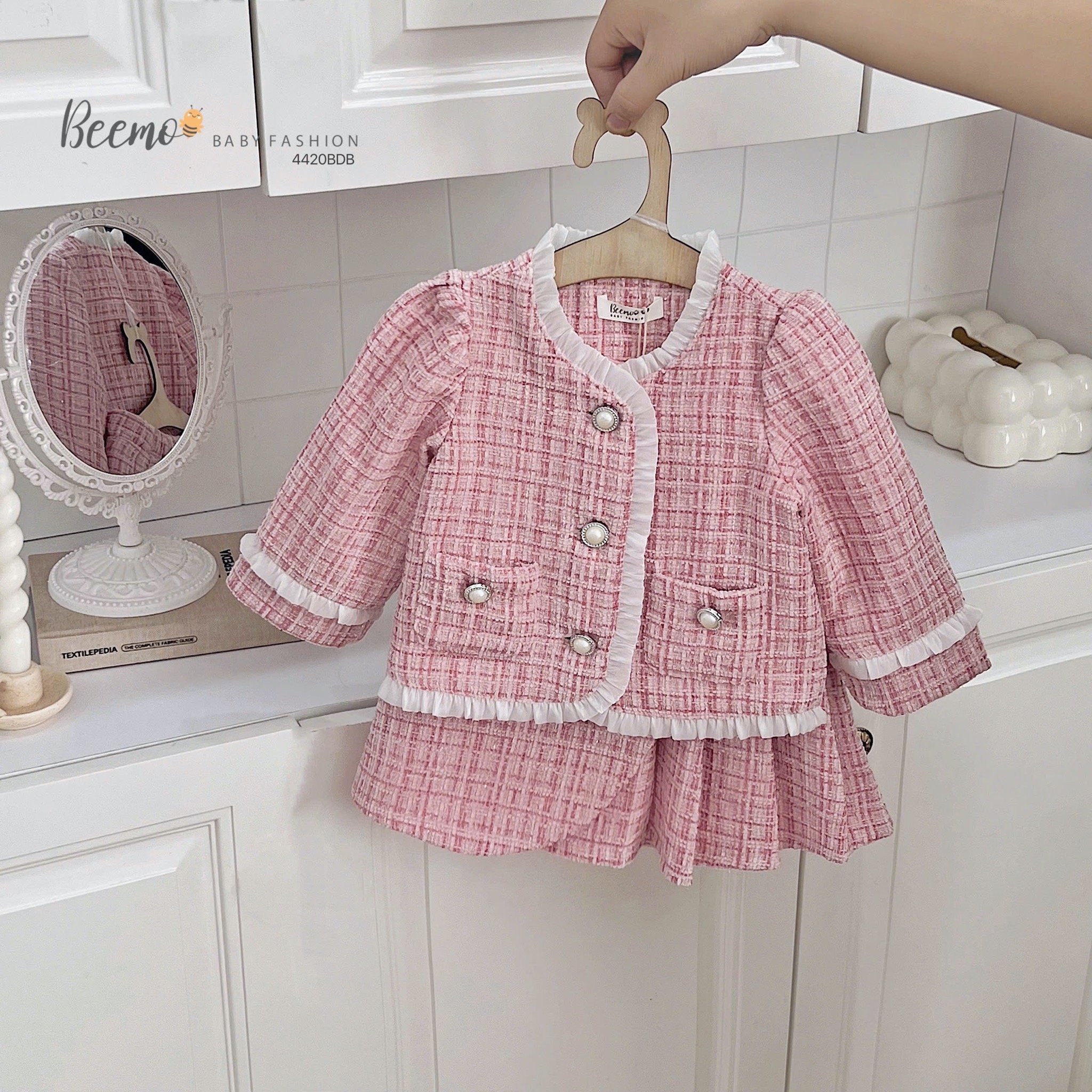 Set dạ Tweed Beemo viền bèo 2 màu bé gái size 80-130
