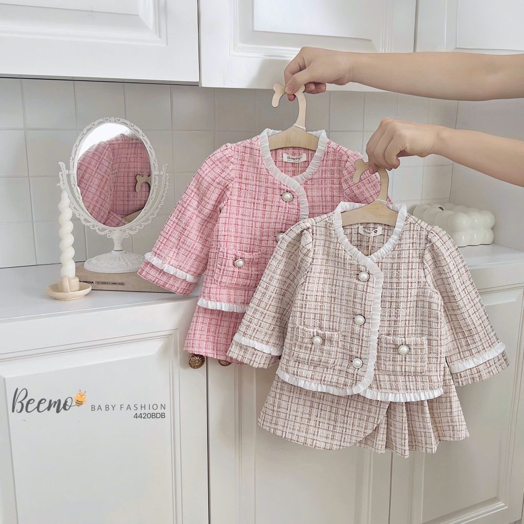 Set dạ Tweed Beemo viền bèo 2 màu bé gái size 80-130